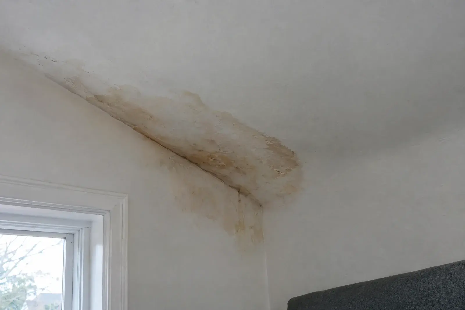 Auréole brune d’infiltration sur un plafond blanc, à la jonction d’un mur et d’un rampant