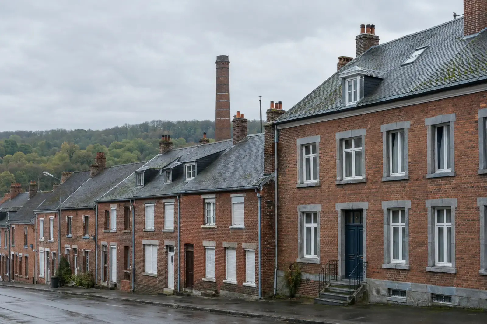 Rue de maisons ouvrières en brique sous ardoise et maison de maître à appuis de pierre bleue, cheminée d’usine en brique et forêt à l’arrière-plan