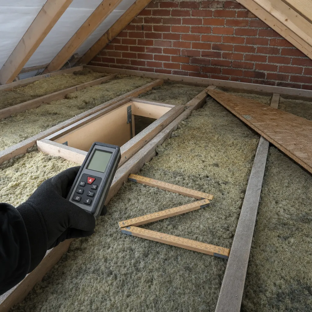 Main gantée tenant un télémètre laser au-dessus des solives de combles perdus, mètre pliant posé sur deux solives et trappe ouverte, près d’un pignon en brique